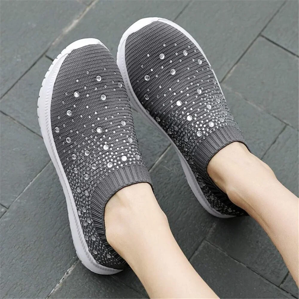 Women's Mesh Walking Shoes Rhinestone Glitter Slip On Ballroom Sneakers Grey